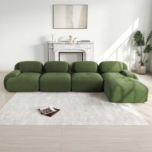 Divano angolare verde, a 4 posti, modulare, rivestito in tessuto corduroy, con chaise longue, dimensioni 388x178x70 cm, senza struttura a vista, combinabile a piacimento per il soggiorno