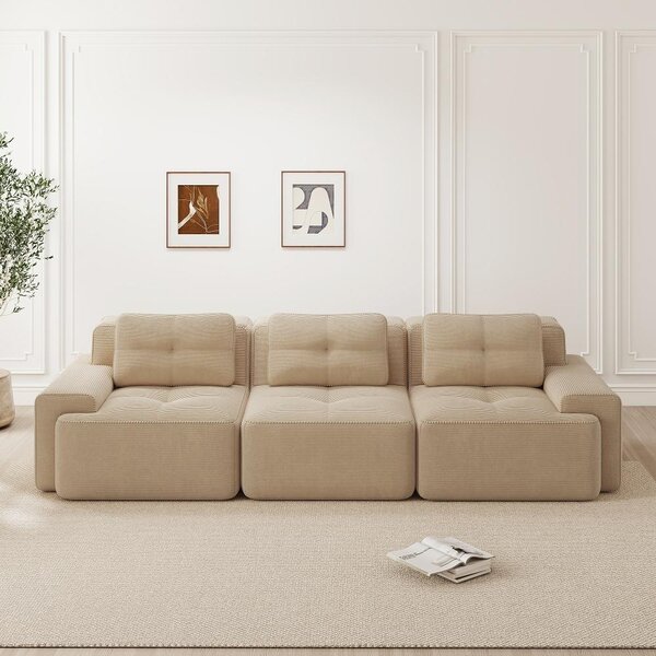 Divano modulare Cloud beige, divano profondo a 3 posti realizzato in tessuto cord resistente ai graffi, divano angolare di dimensioni generose, senza necessità di montaggio, dimensioni 293x104x69 cm