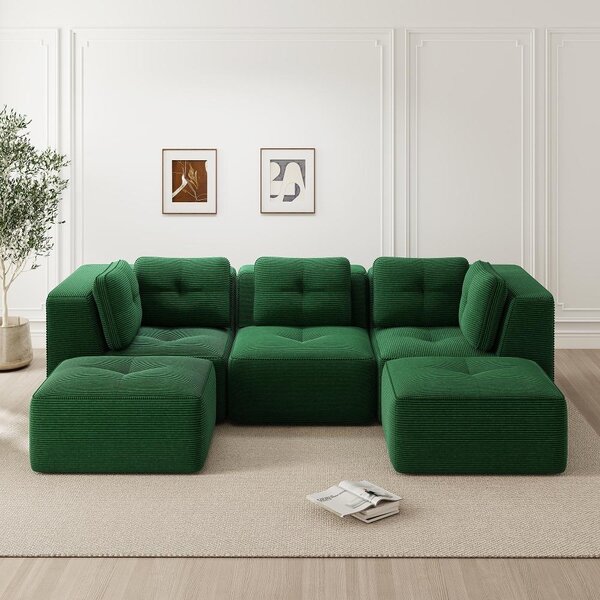 Divano modulare "Cord" verde, divano ad angolo con poggiapiedi, 3 posti, dimensioni 297x177 cm, seduta profonda, resistente ai graffi e senza necessità di montaggio, divano per soggiorno