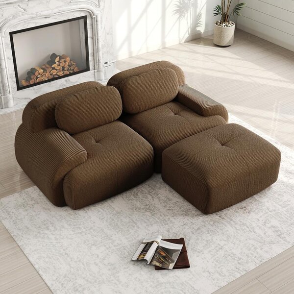 Divano angolare in tessuto corda, color marrone, dimensioni 208x178x70 cm, divano modulare senza struttura, con braccioli curvi, imbottitura in schiuma 32D, pronto all'uso