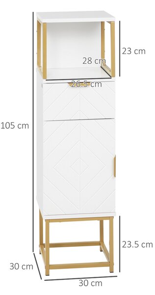 Kleankin Colonna Bagno Salvaspazio con Armadietto, Cassetto e Ripiano Aperto, in Legno e Metallo, 30x30x105cm, Bianco|Aosom