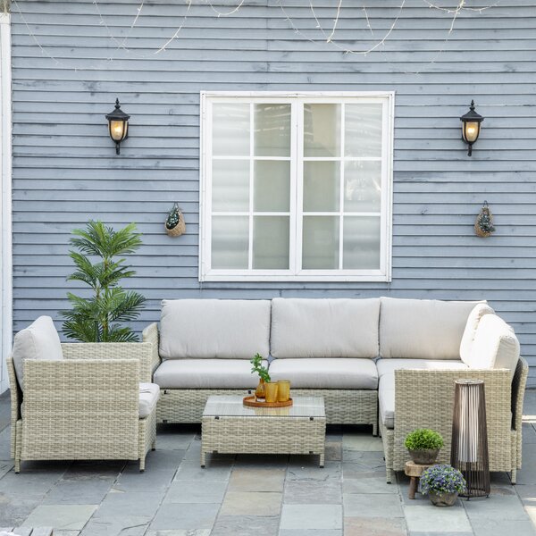 Outsunny Salotto da Giardino 7 Pezzi Modulabile in Rattan PE con Cuscini, Beige|Aosom
