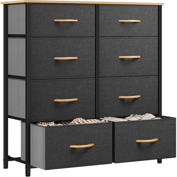 Comodino con 8 cassetti rivestiti in tessuto, struttura in metallo, piano in legno, colore grigio scuro, dimensioni 86x30x90 cm