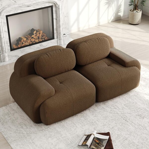Divano a due posti in tessuto corduroy, divano angolare modulare marrone, design senza struttura con imbottitura in schiuma ad alta densità 32D, braccioli curvi, dimensioni 208x103x70 cm