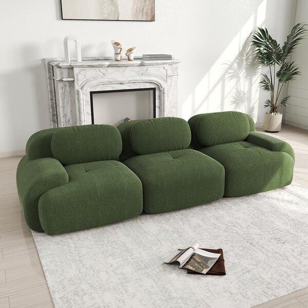Divano a 3 posti, rivestito in tessuto corduroy, divano angolare modulare verde, struttura senza telaio, imbottitura in schiuma ad alta densità 32D, dimensioni 298x103x70 cm, divano per soggiorno, non richiede montaggio