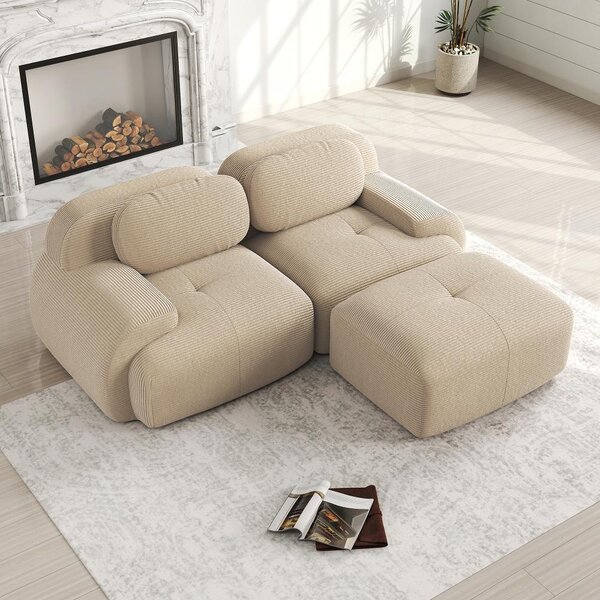 Divano angolare in tessuto beige, divano modulare senza struttura, con braccioli curvi, dimensioni 208x178x70 cm, imbottitura in schiuma ad alta densità (32D), non richiede montaggio, ideale per il soggiorno