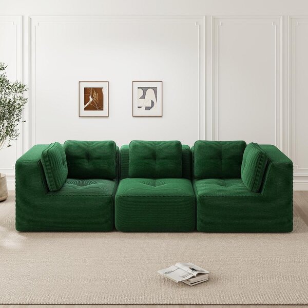 Divano modulare angolare verde in corda, senza struttura a vista. Divano a tre posti senza elementi aggiuntivi, con una profondità di seduta di 74 cm, dimensioni 297x104x69 cm