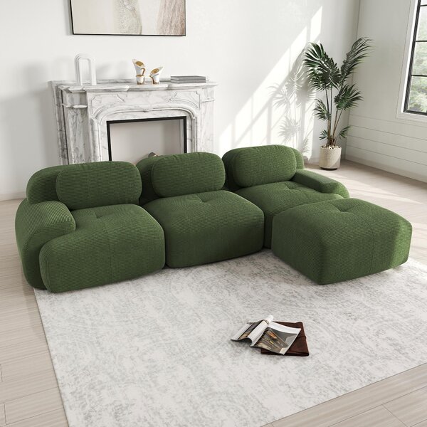 Divano angolare modulare verde, divano in corda per 3 persone, design senza telaio e senza necessità di montaggio, imbottitura 32D, adatto agli animali domestici, dimensioni 298x178x70 cm
