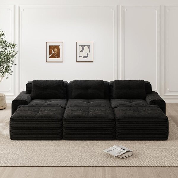 Divano angolare modulare con funzione letto e 3 poggiapiedi, divano corduroy nero a 3 posti, design senza struttura, ideale per il soggiorno, dimensioni 293x177x69 cm