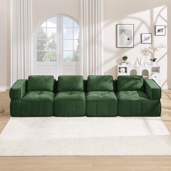 Divano modulare "Cloud" a 4 posti - Divano senza struttura, colore verde, realizzato in poliestere, dimensioni 344x93x67 cm, imbottitura in schiuma 32D, non richiede montaggio