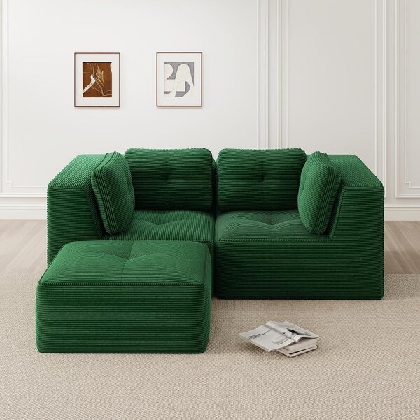 Divano angolare modulare Cord, verde, divano a forma di L con due posti e poggiapiedi regolabili. Design senza struttura, ideale per il soggiorno, dimensioni 208x177x69 cm