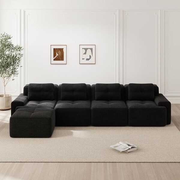 Divano modulare a 4 posti con chaise longue a forma di L, divano in tessuto nero a forma di L, dimensioni 382x177 cm, profondità seduta 74 cm, resistente ai graffi e senza necessità di montaggio