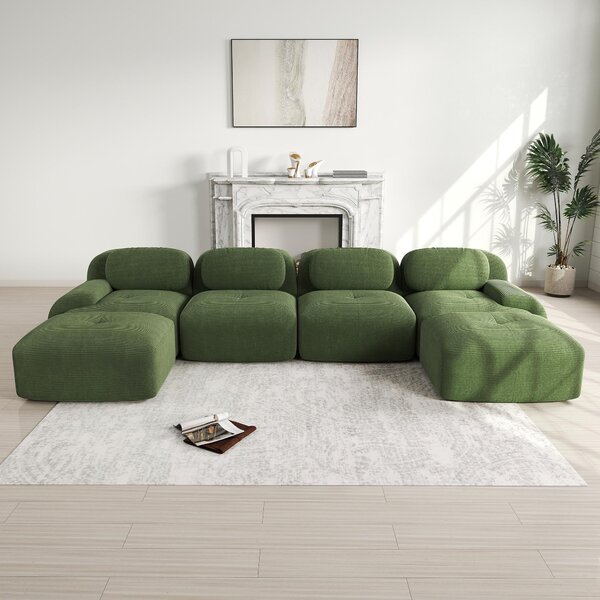 Divano modulare a forma di L, colore verde, divano senza telaio, non richiede montaggio, tessuto in velluto traspirante, braccioli ampi, dimensioni 388x178x70 cm, ideale per creare un'area relax