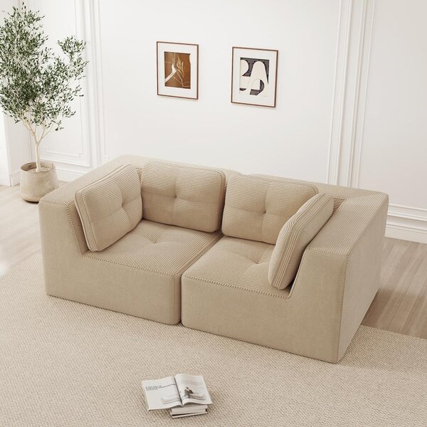 Divano angolare modulare beige, divano a due posti in corda, design senza struttura con imbottitura in schiuma 32D, dimensioni 208x104x69 cm, divano modulare e versatile per il soggiorno