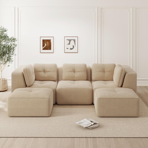 Divano angolare a forma di U, beige, modulare, in corda, con poggiapiedi, divano componibile da 3 posti con seduta profonda, senza struttura, da assemblare, dimensioni 297x177x69 cm