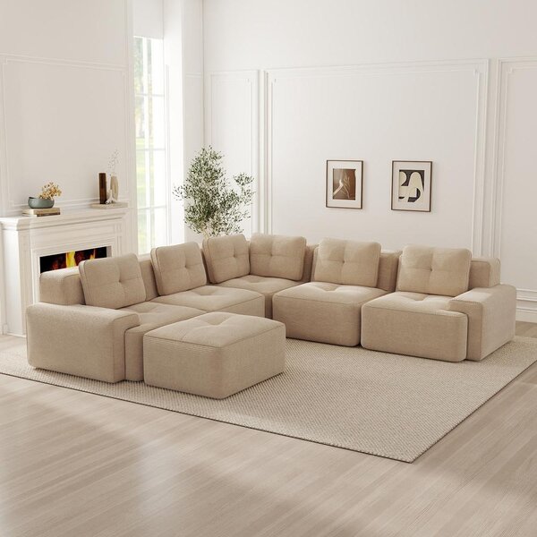 Divano modulare beige, 5 posti, divano basso senza struttura, rivestito in tessuto corduroy, divano ad angolo con poggiapiedi, antiscivolo, dimensioni 295x295x69 cm