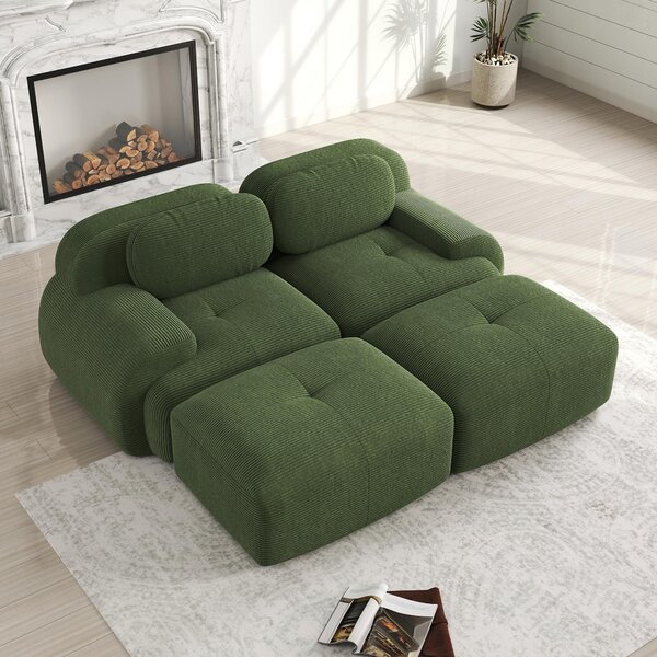 Divano a due posti in tessuto verde, divano modulare senza struttura con chaise longue, imbottitura in schiuma 32D, non richiede montaggio, dimensioni: 208x178x70 cm