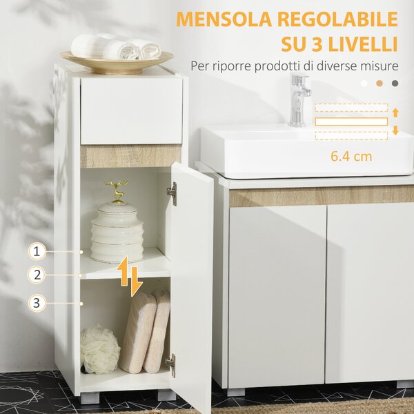 Kleankin Mobiletto Bagno Salvaspazio con Cassetto, Anta e Ripiano Interno Regolabile, in Legno, 30x33x88cm, Bianco | Aosom