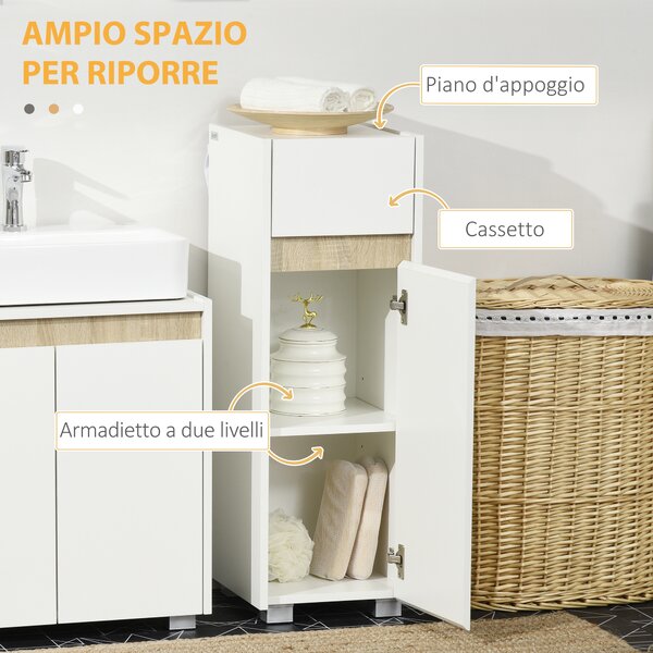 Kleankin Mobiletto Bagno Salvaspazio con Cassetto, Anta e Ripiano Interno Regolabile, in Legno, 30x33x88cm, Bianco | Aosom