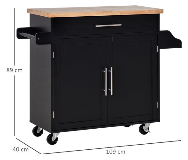HOMCOM Carrello da Cucina con Cassetto, Portaspezie e Armadietto, 4 Ruote e Piano di Lavoro in Legno, 109x40x89cm, Nero|Aosom