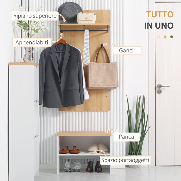 HOMCOM Mobile da Ingresso con Scarpiera Bassa, Panca e Appendiabiti da 4 Ganci in Truciolato e Acciaio, 60x28x120 cm | Aosom Italy