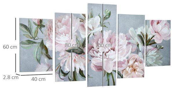 HOMCOM Stampa su Tela con Peonie, 5 Pezzi per Casa e Ufficio, Tela in Legno di Pino e Vernice ad Acqua, 200x100cm, Multicolore|Aosom