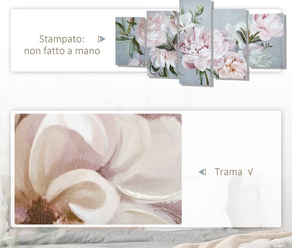 HOMCOM Stampa su Tela con Peonie, 5 Pezzi per Casa e Ufficio, Tela in Legno di Pino e Vernice ad Acqua, 200x100cm, Multicolore|Aosom