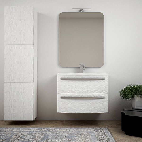 Mobile bagno sospeso moderno curvo bianco frassino 75 cm con specchio lavabo di ceramica e colonna da 170 cm Mod. Berlino