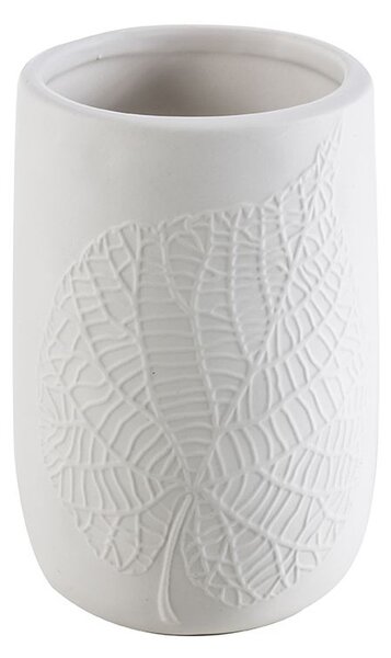 Bicchiere porta spazzolini da appoggio White Leaves in ceramica Cipì decoro foglia a rilievo