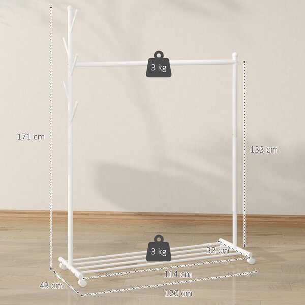 HOMCOM Appendiabiti con Ruote, 5 Ganci, Barra per Appendere e Ripiano Inferiore 20x43x171 cm Bianco | Aosom Italy