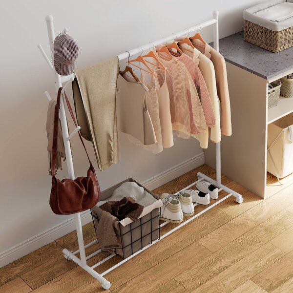 HOMCOM Appendiabiti con Ruote, 5 Ganci, Barra per Appendere e Ripiano Inferiore 20x43x171 cm Bianco | Aosom Italy