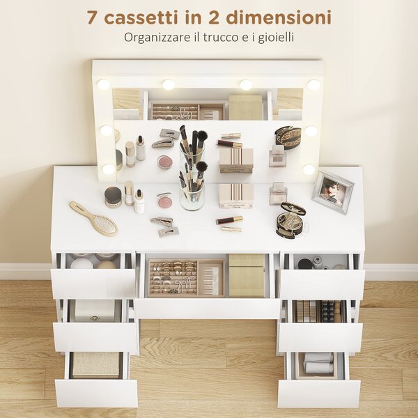 HOMCOM Toeletta Trucco con Specchio Stile Hollywood, 8 Luci LED, 7 Cassetti e Sgabello Imbottito, Bianco | Aosom Italy