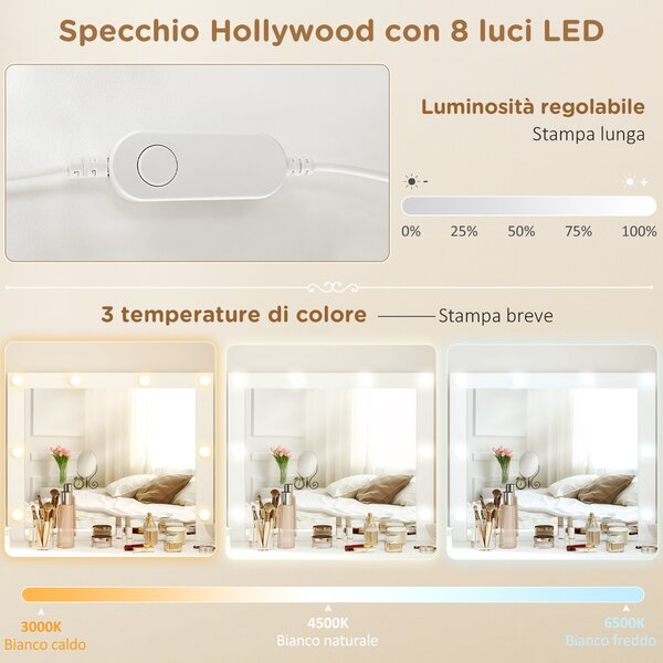 HOMCOM Toeletta Trucco con Specchio Stile Hollywood, 8 Luci LED, 7 Cassetti e Sgabello Imbottito, Bianco | Aosom Italy