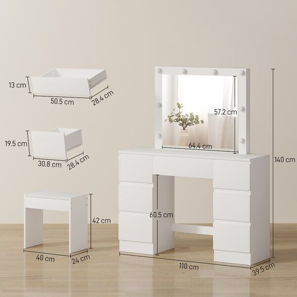 HOMCOM Toeletta Trucco con Specchio Stile Hollywood, 8 Luci LED, 7 Cassetti e Sgabello Imbottito, Bianco | Aosom Italy