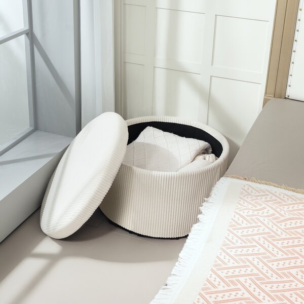 HOMCOM Pouf Poggiapiedi contenitore rotondo, in velluto a coste, capacità 120 kg, Ø 60 x 41 cm, Beige | Aosom Italy