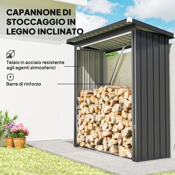 Outsunny Capanno Portalegna in Acciaio da Esterno, Base Rialzata e Tetto Inclinato, 150x66.5x150 cm, Grigio Scuro | Aosom Italy