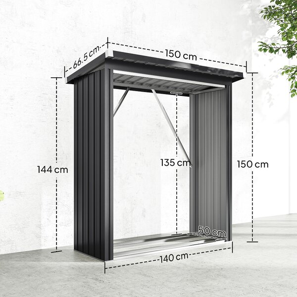 Outsunny Capanno Portalegna in Acciaio da Esterno, Base Rialzata e Tetto Inclinato, 150x66.5x150 cm, Grigio Scuro | Aosom Italy