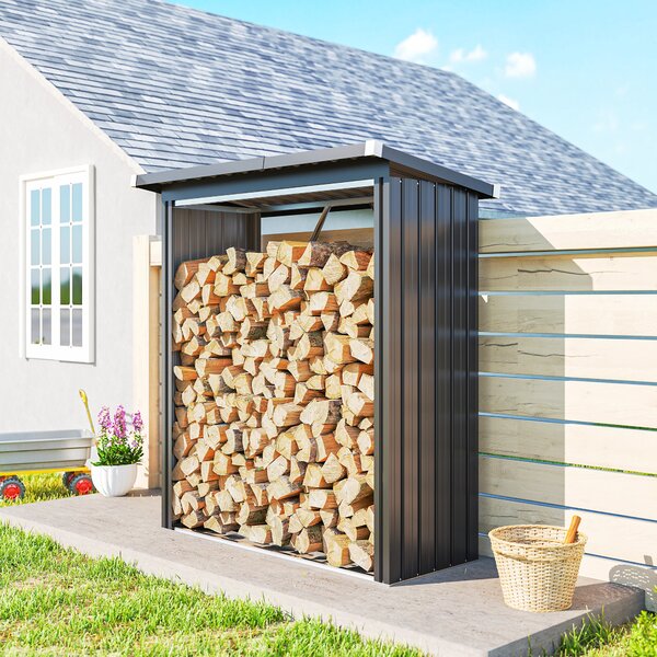 Outsunny Capanno Portalegna in Acciaio da Esterno, Base Rialzata e Tetto Inclinato, 150x66.5x150 cm, Grigio Scuro | Aosom Italy