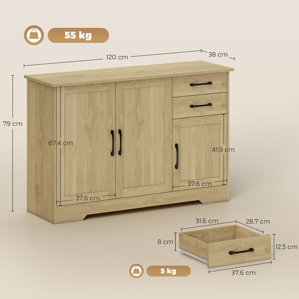HOMCOM Credenza Moderna con 3 Porte, 2 Cassetti e Ripiano Regolabile 120x38x79 cm Legno Naturale | Aosom Italy