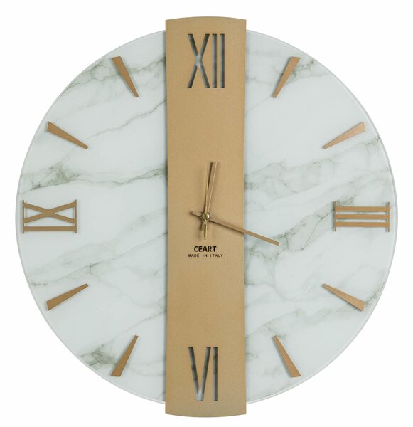 Orologio Da Muro 60 cm VEGA Struttura, Marmo Bianco BIG Diametro 60 cm lancette in metallo numeri colore ORO a rilievo lastra centrale ORO