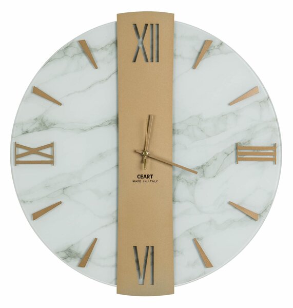 Orologio Da Muro 45 cm VEGA Struttura, Marmo Bianco SMALL Diametro 45 cm lancette in metallo numeri colore ORO a rilievo lastra centrale ORO