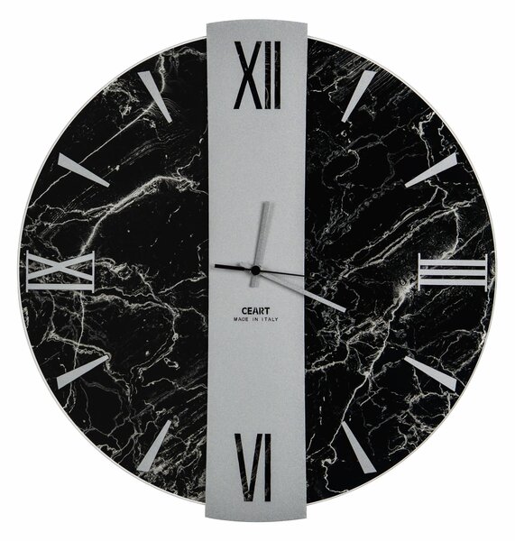 Orologio Da Muro 45 cm VEGA Struttura, Marmo Nero SMALL Diametro 45 cm lancette in metallo numeri colore Argento a rilievo lastra centrale Argento