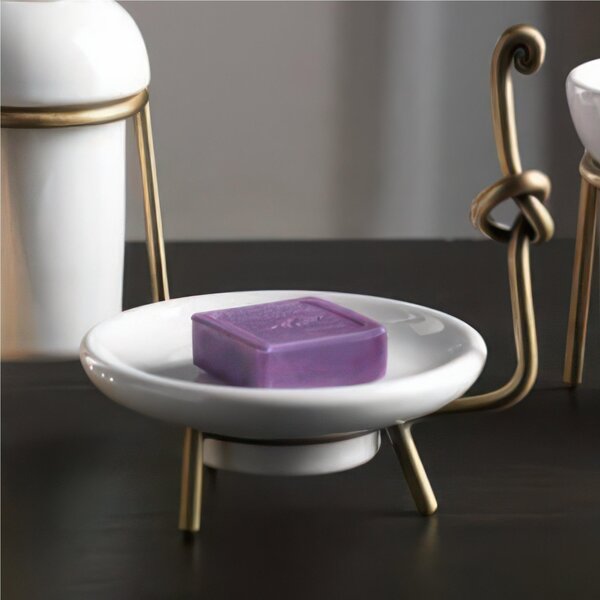 Porta Sapone da Appoggio in Ottone con Bicchiere in Ceramica Dimensione 12x15,5xh 13,5 cm, Linea RETRO bicchiere in ceramica Bronzo Satinato