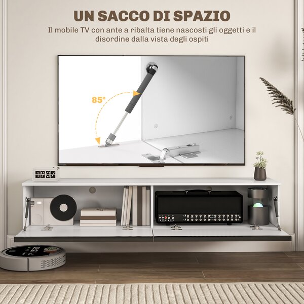HOMCOM Mobile TV Sospeso con Armadietti con Ante a Ribalta in Legno, 160x35x30 cm, Bianco Lucido
