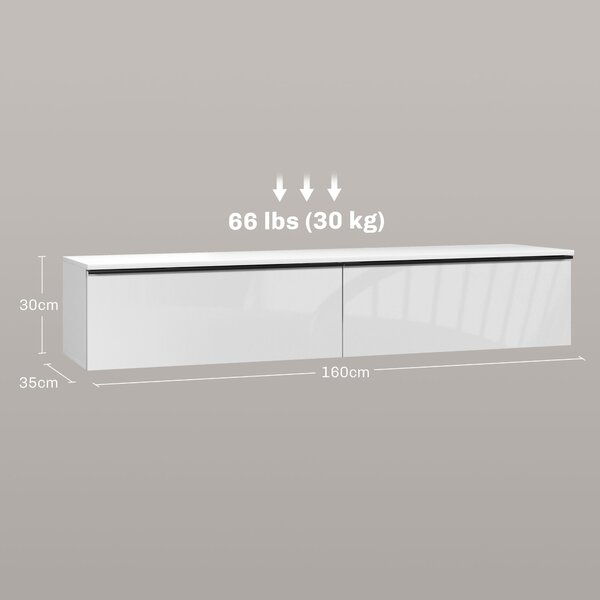 HOMCOM Mobile TV Sospeso con Armadietti con Ante a Ribalta in Legno, 160x35x30 cm, Bianco Lucido