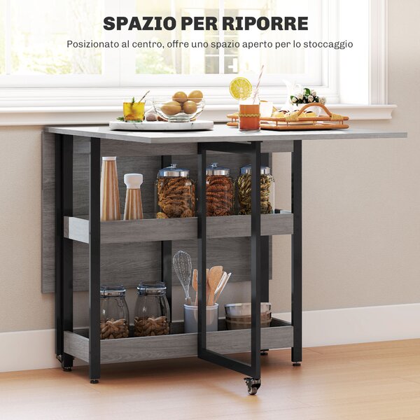 HOMCOM Tavolo Pieghevole a 2 Ribalte per 4 Persone con 2 Ripiani Aperti, in Legno e Metallo, 133.4x80x75 cm, Grigio | Aosom Italy