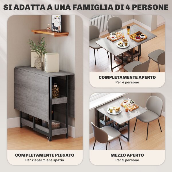 HOMCOM Tavolo Pieghevole a 2 Ribalte per 4 Persone con 2 Ripiani Aperti, in Legno e Metallo, 133.4x80x75 cm, Grigio | Aosom Italy