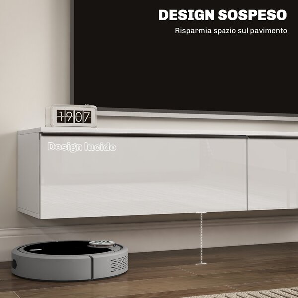 HOMCOM Mobile TV Sospeso con Armadietti con Ante a Ribalta in Legno, 160x35x30 cm, Bianco Lucido