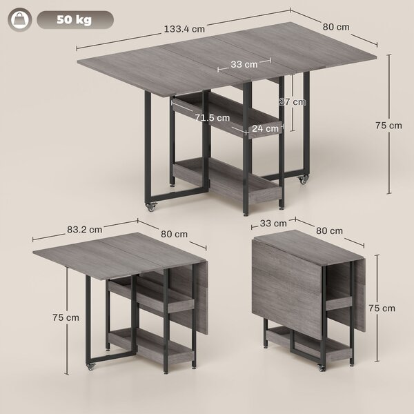 HOMCOM Tavolo Pieghevole a 2 Ribalte per 4 Persone con 2 Ripiani Aperti, in Legno e Metallo, 133.4x80x75 cm, Grigio | Aosom Italy