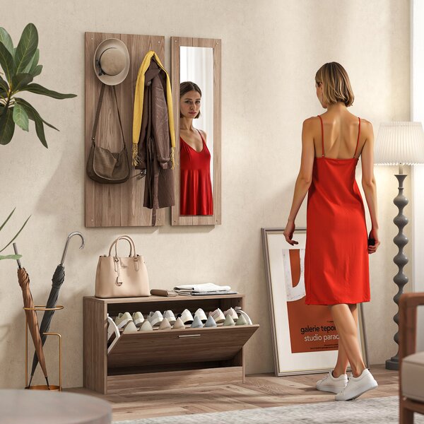Set Mobili da Ingresso con Panca Scarpiera Appendiabiti a Muro e Specchio in Legno Truciolare Marrone Scuro
